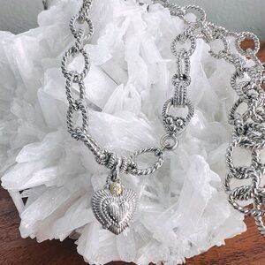 Judith Ripka JR TWO Diamond Heart Sterling Silver 18K Gold Pendant Necklace 17”